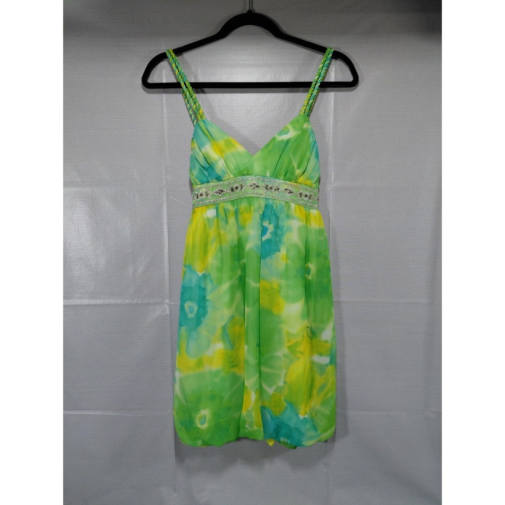 Y2K City Triangle Babydoll Mini Dress Green Blue Sz 5 Floral Bubble Hem Coquette